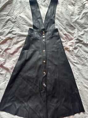 Zara Black Faux Leather Suspender Midi Dress Pinafore S